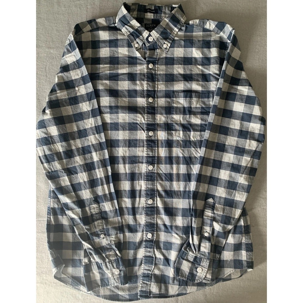 Men's J. Crew Flex Washed‎ Blue Gray Plaid Shirt Medium Classic Fit Button Up